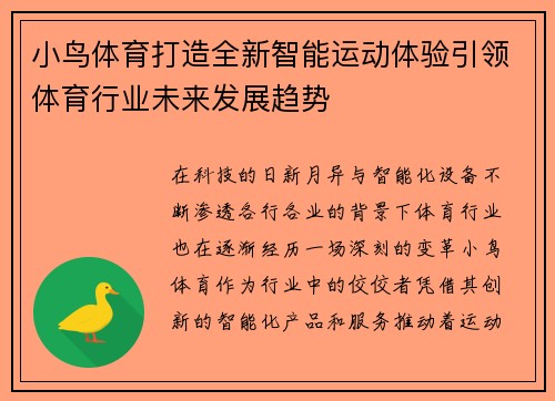 小鸟体育打造全新智能运动体验引领体育行业未来发展趋势